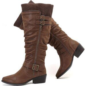 ⚡Women's Brown Extra Wide Calf Knee High Boots Knee High Boots Low Stacked Heel